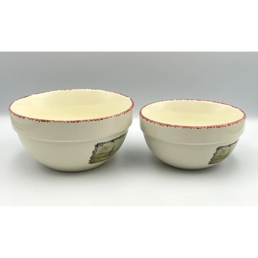 HUABO Farmhouse Mixing Bowls Set Of 2 Country Landscape Rustic Sponge Rim‎
